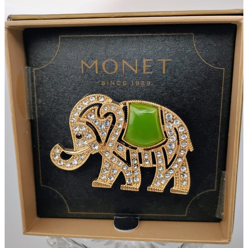 NWT Monet Elephant Brooch Rhinestone Gold Tone w/ Green Cabochon